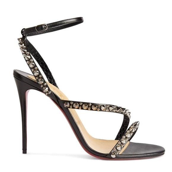 CHRISTIAN Louboutin Mafaldina 100mm silver spikes sandals EU38.5 Napa black lthr - Picture 9 of 12